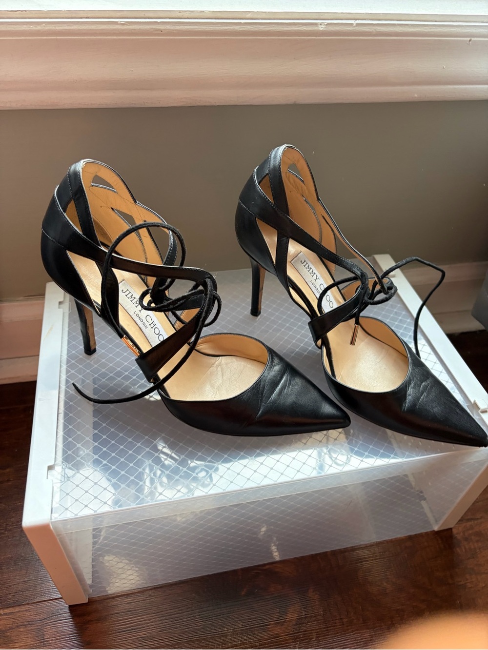 Jimmy Choo Black Leather Pointed Lace-Up Stiletto Pumps